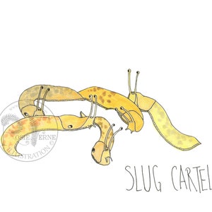 Wydruk artystyczny Slug Cartel, oryginalna komiksowa grafika przedstawiająca urocze ślimaki bananowe