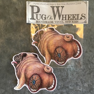 Sticker en vinyle fait main carlin mignon oeuvre originale de chien carlin par Rosie Ferne illustration, chiot ayant des besoins spéciaux chien de sauvetage chien handicapé
