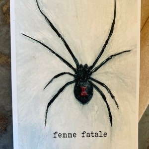 ブラックウィドウスパイダーのアートワークが描かれたファムファタールカード、ロージーファーンイラストによるオリジナルアートカード、かわいいスパイダーカード