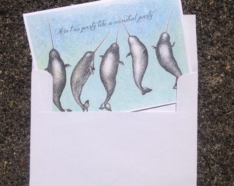 Narwhal Party birthday or multipurpose card, whimsical cute narwhal illustration