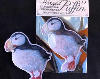 Puffin sticker, horned puffin Alaska bird lover vinyl sticker original artwork by Rosie Ferne Edholm laptop bird stickers