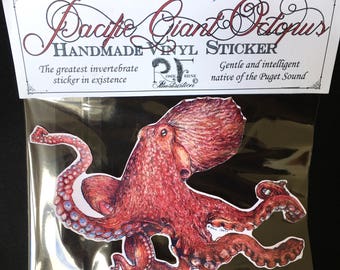 Octopus sticker- vinyl sticker, pacific giant octopus, handmade original artwork vinyl sticker