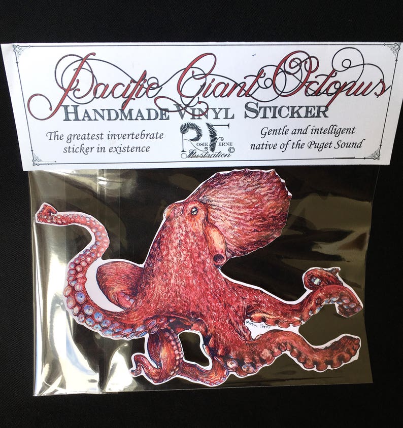 May include: A handmade vinyl sticker of a red Pacific Giant Octopus with a white background. The sticker is in a clear plastic bag with a label that reads "Pacific Giant Octopus Handmade Vinyl Sticker" and "The greatest invertebrate sticker in existence".