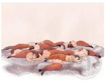 Mermaid Seals art print, original colored pencil drawing, playful quirky art print