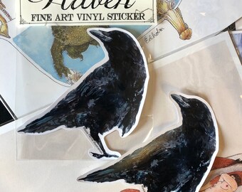 Raven sticker, crow corvid handmade vinyl sticker original artwork by Rosie Ferne bird laptop sticker