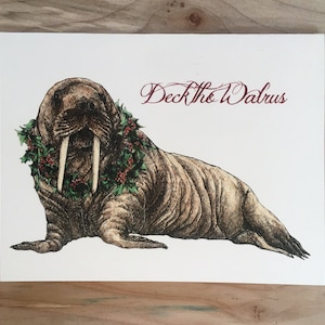 Cartão de Natal da Morsa - cartão de Natal "Deck the Walrus" com ilustração original