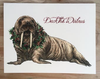 Walrus Christmas Card - "Deck the Walrus" holiday card with original illustration