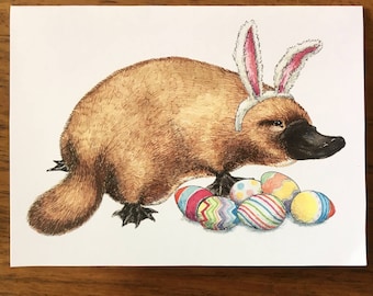 Easter Platypus card - Easter card with cute platypus wearing bunny ears