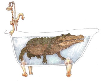 Crocodile in Bathtub art print, original ink and watercolor drawing, playful quirky art print