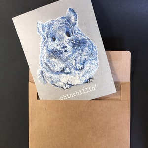 Chinchilla card, &quot;Chinchillin&quot; text, blank inside, original art by Rosie Ferne Illustration, cute chinchilla lover gift