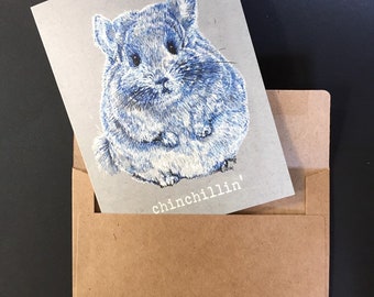 Chinchilla card, "Chinchillin" text, blank inside, original art by Rosie Ferne Illustration, cute chinchilla lover gift