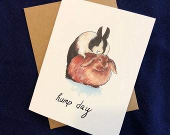 Hump Day card with bunnies humping Wednesday card funny rabbit illustration by Rosie Ferne