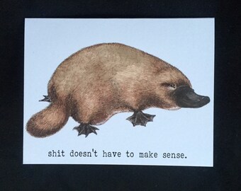 Platypus greeting card, "Shit Doesn't Have To Make Sense", cute funny sympathy Australia special platypus quirky birthday animal card
