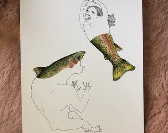 Trout Mermaid and Merman art print, funny collage artwork with yelling lady, funny couple art, original illustration by Rosie Ferne signed