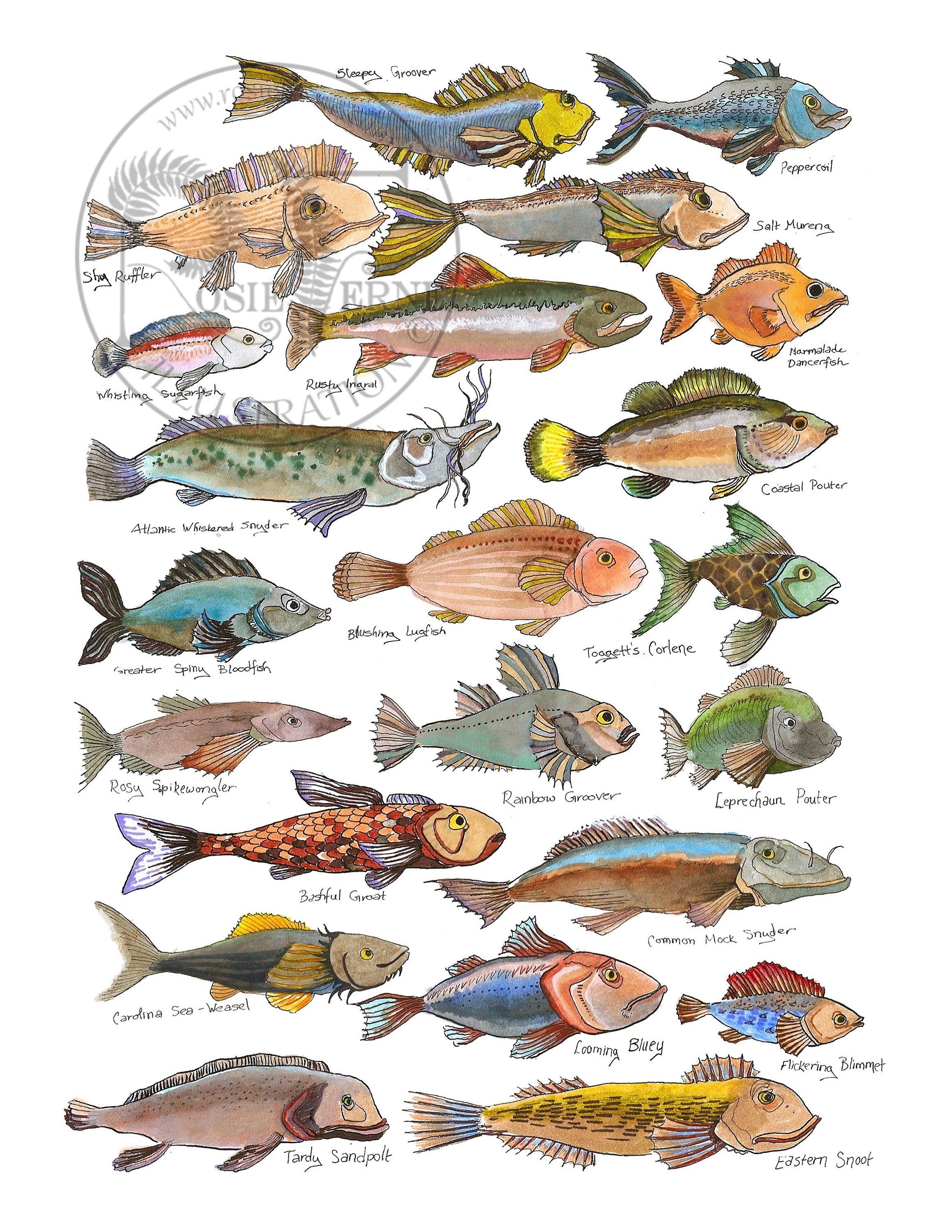 Field Guide of Imaginary Fish Art Print, Original Ink and