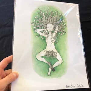 May include: A black and white illustration of a woman with snakes for hair. The woman is lying down on a green background. The illustration is signed "Rosie Jeanne Edholm".