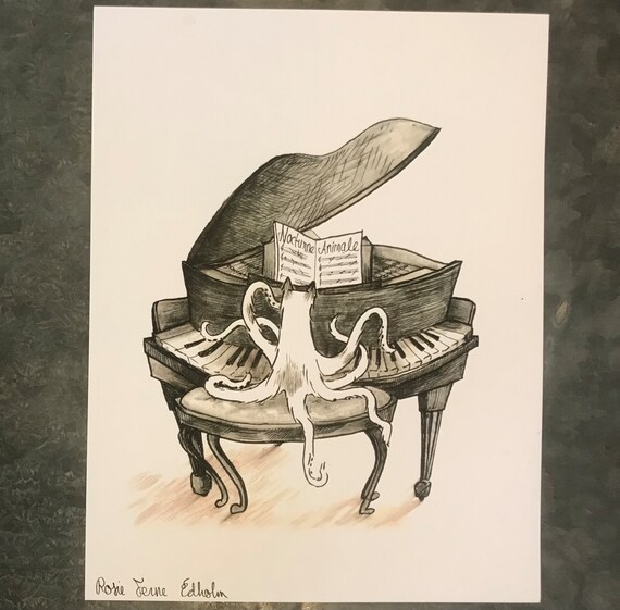 Octopus Cat Playing Piano Art Print, Catipus, Original Artwork by