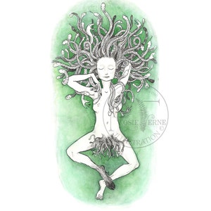 May include: A black and white illustration of a woman with snakes for hair. The woman is lying down with her arms outstretched and her legs crossed. The background is a green watercolour wash.