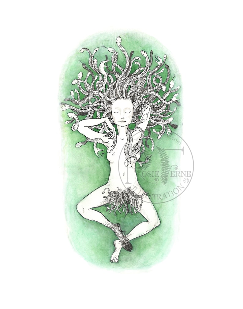 May include: A black and white illustration of a woman with snakes for hair. The woman is lying down with her arms outstretched and her legs crossed. The background is a green watercolour wash.