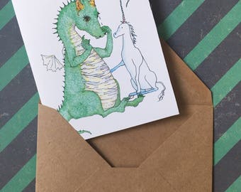 Unicorn and Dragon "It's Ok, I Believe In You" handmade greeting card