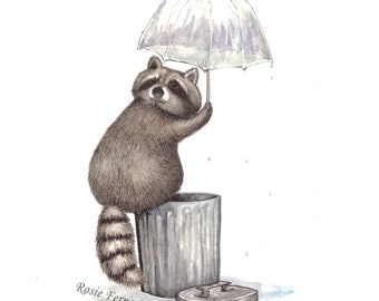 Rainy Raccoon original art print by Rosie Ferne Illustration cute trash panda raccoon animal lover art
