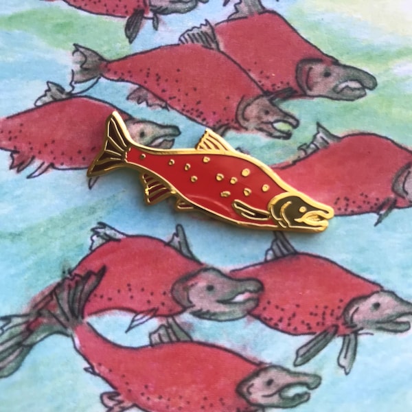 Sockeye Salmon Pin, hard enamel lapel pin with gold metal butterfly clasp