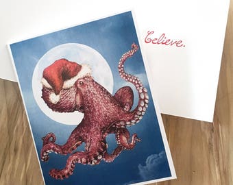 Santa Octopus "believe" Christmas holiday card, original illustration by Rosie Ferne. single or pack of 4