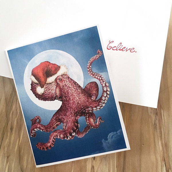 Santa Octopus "believe" Christmas holiday card, original illustration by Rosie Ferne. single or pack of 4