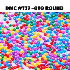 May include: A close-up image of a variety of round, colorful beads. The beads are in shades of red, yellow, blue, green, and purple. The beads are arranged in a random pattern. The text "DMC #777-899 ROUND" is visible at the top of the image.
