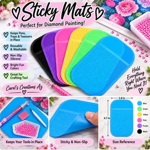 May include: A set of rectangular non-slip silicone sticky mats in black, purple, pink, yellow, green, and blue. The mats measure 2.8 inches by 4.7 inches. The image includes text labels such as Sticky Mats, Carol's Creations Az, and Size Reference.