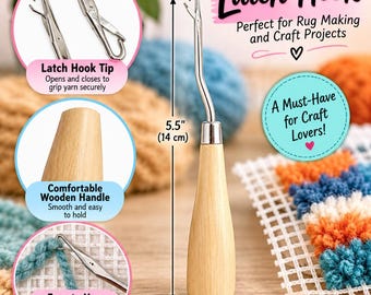May include: A latch hook tool with a light-colored wooden handle and a silver metal hook tip. The tool measures 5.5 inches in length. Text on the image includes Latch Hook, Perfect for Rug Making and Craft Projects, A Must-Have for Craft Lovers, and Carol's Creations AZ.