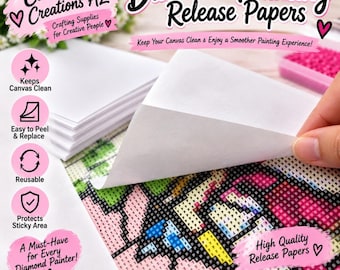 May include: A stack of white diamond painting release papers with a pink and black graphic design. The text reads: Carol's Creations AZ, Diamond Painting Release Papers, Keep Your Canvas Clean & Enjoy a Smoother Painting Experience, Keeps Canvas Clean, Easy to Peel & Replace, Reusable, Protects Sticky Area, A Must-Have for Every Diamond Painter!, High Quality Release Papers, DIAMOND PAINTING SUPPLIES, CAROL'S CREATIONS AZ, CREATE, RELAX, SHINE.