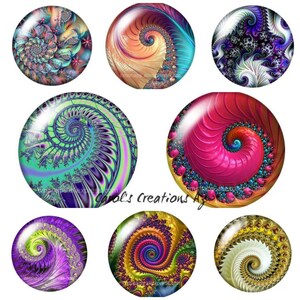 May include: Nine colorful round glass cabochons with a spiral pattern. The cabochons are in shades of blue, green, purple, pink, yellow, and orange.