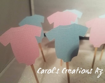 12 Baby Bodysuit Cupcake Toppers  / Baby Shower Cupcake Toppers / Baby Reveal Cupcake Toppers