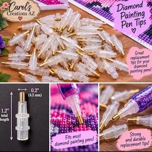 May include: A collection of clear plastic diamond painting pen tips with gold-colored metal ends. One tip is shown against a black background with a total length of 1.2 inches and a 0.2 inch diameter. The tips are used for diamond art projects.