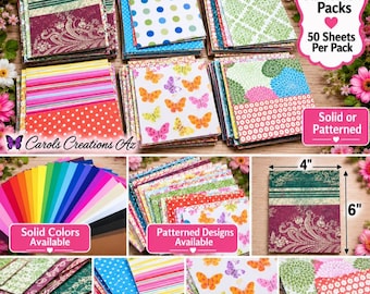 May include: A collection of cardstock packs featuring 50 sheets per pack in various solid colors and patterned designs, including polka dots, butterflies, stripes, and floral motifs. One sheet measures 4 inches by 6 inches.