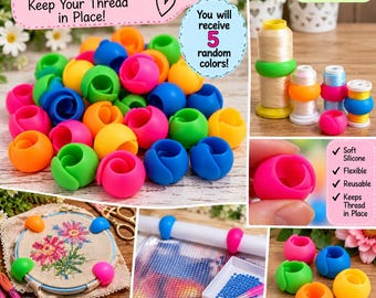 Puede incluir: Una colección de Spool Huggers de silicona flexible y colorida diseñada para mantener el hilo en su lugar. La imagen muestra varios colores brillantes, incluidos rosa, azul, naranja y verde, aplicados en carretes de hilo, bastidores y herramientas.