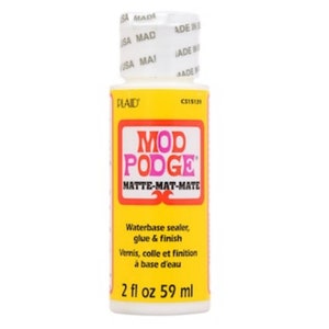 May include: A bottle of Mod Podge Matte-Matte-Mate waterbase sealer, glue, and finish. The bottle is yellow with a red and pink logo and white text. It contains 2 fl oz, equivalent to 59 ml.