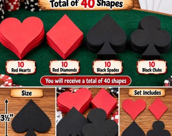 May include: A set of 40 poker die cuts featuring red hearts, red diamonds, black spades, and black clubs. The shapes are displayed in stacks and individually. A diagram shows a spade measuring 3.5 inches in height and 3 inches in width.