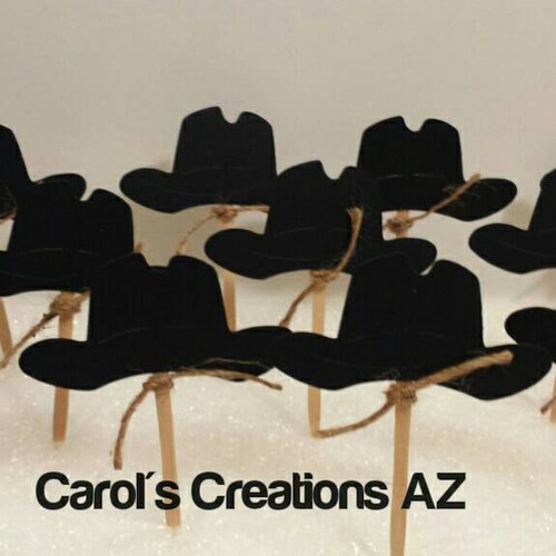 12 Black Hat Cupcake Toppers / Black Hat Party Picks / Western Etsy