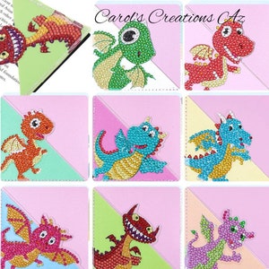 May include: Nine colorful dragon bookmark designs. Each bookmark features a different dragon with a unique color scheme and expression. The bookmarks are made of a sparkly material and are perfect for adding a touch of whimsy to any book.