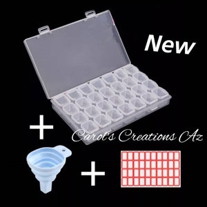 Diamond Painting Drill Storage / 28 SpaceStorage Box / Diamond Painting Accessories / Drill Holder, Funnel and Labels set of 3