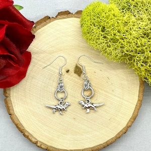 Chainmaille Earrings with Dinosaur Charms / T Rex Earrings / Medieval Renaissance Costume / Teacher Gift for her / Mama Dino Tyrannosaurus
