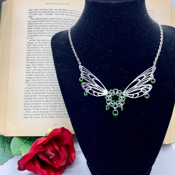Celtic Knot Chainmaille Butterfly Pendant / Fairy Medieval Renaissance Costume / Wiccan Gift for her / Winged Orb Viking Necklace Cosplay