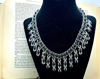 Chainmaille Fringe Necklace / Renaissance Costume / Viking Statement Jewelry / Wiccan Gift for her / Gothic Black Bib Necklace