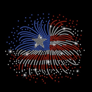 Large Fireworks Flag USA 4th Of July United States American Flag Rhinestone Bling Heat Iron On Tshirt Transfer