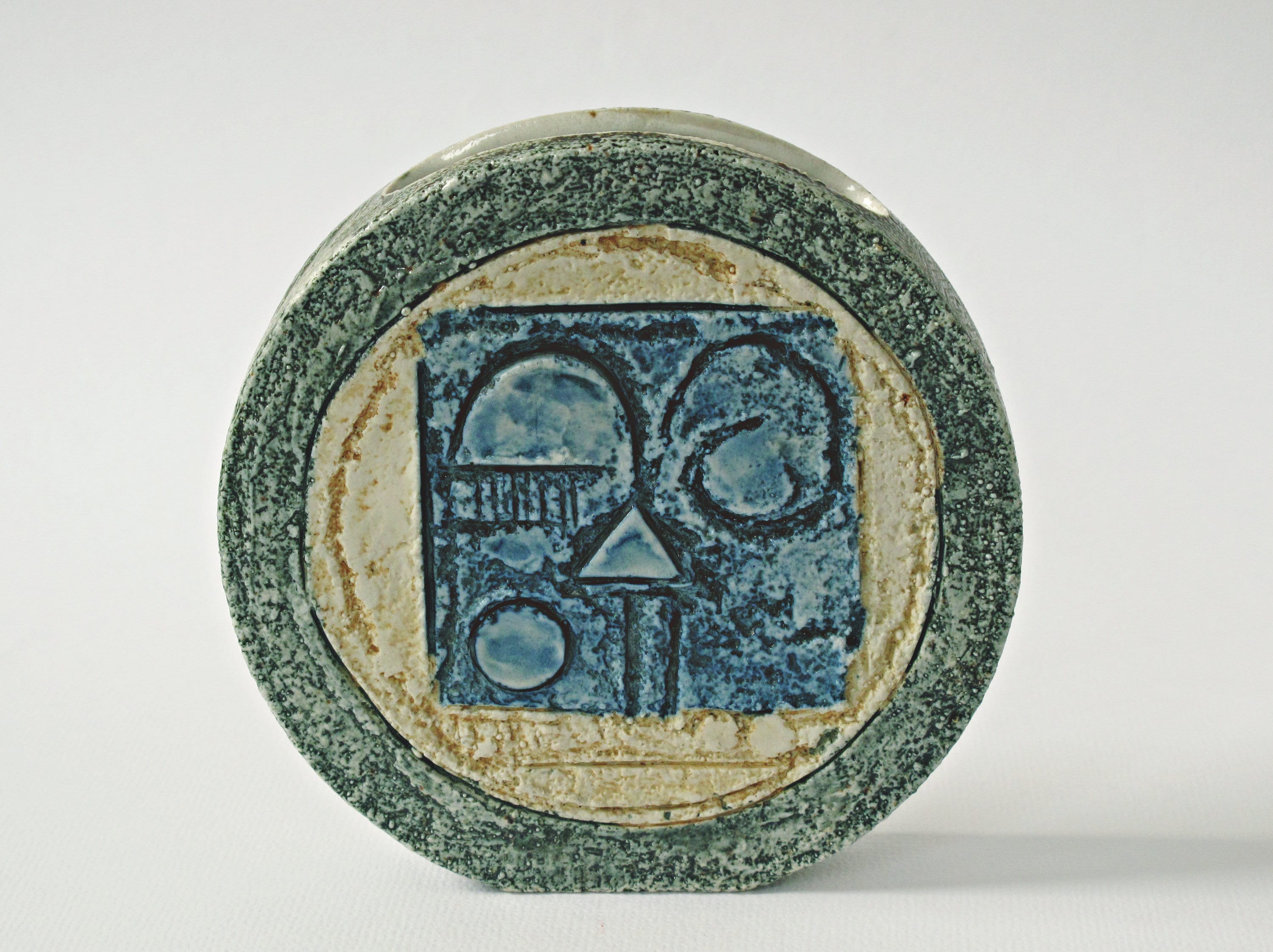 TROIKA Wheel Vase Decorated by Avril 12cm Wheel Vase by Troika Pottery, Newlyn, Cornwall