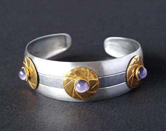MODA Stainless Steel Cuff Bracelet with Purple Moonglow Cabochons, MODA of Malta