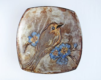 ALEXANDRE KOSTANDA Vallauris Dish Decorated with a Bird and Blue Flowers