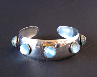 MODA Stainless Steel Cuff Bracelet with Blue Moonglow Cabochons, MODA of Malta